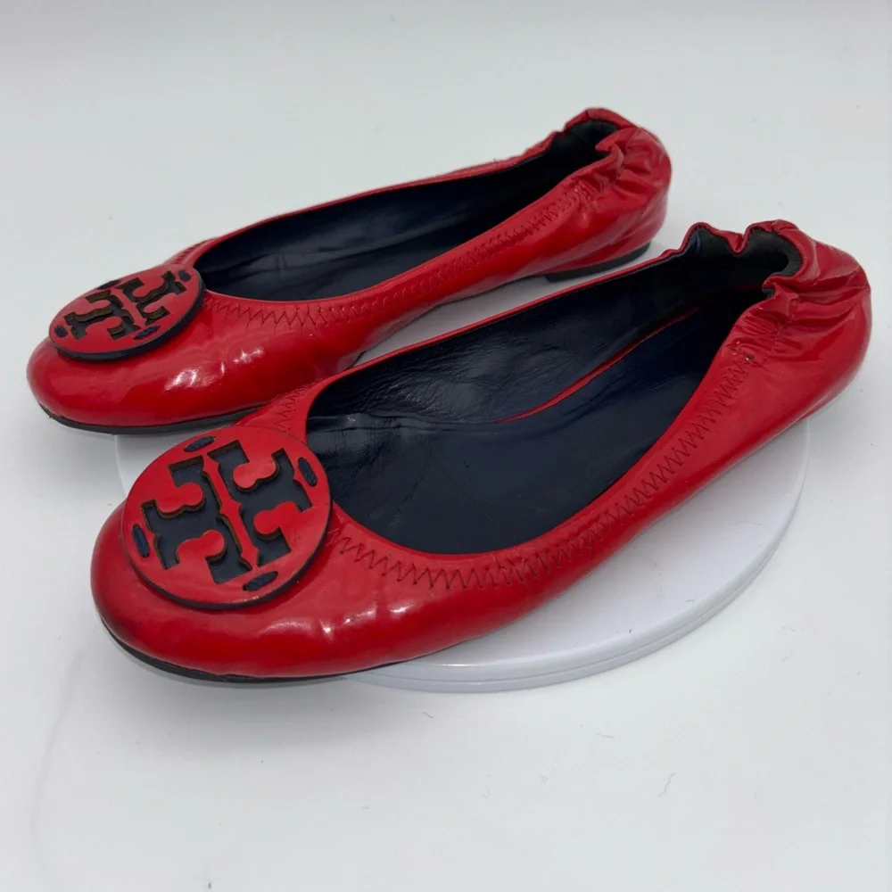 TORY BURCH Red Reva Ballet Flat Patent Leather Shoe Logo Slip On Office‎ Round 7